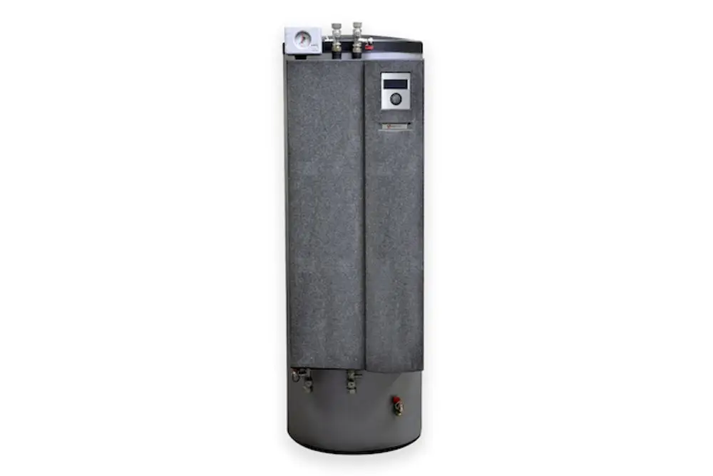 Roth-Wassertank mit integrierter Hydraulikeinheit und Regelung. Vertikale Bauweise mit sichtbarem Druckmanometer und mehreren Anschlussstellen.